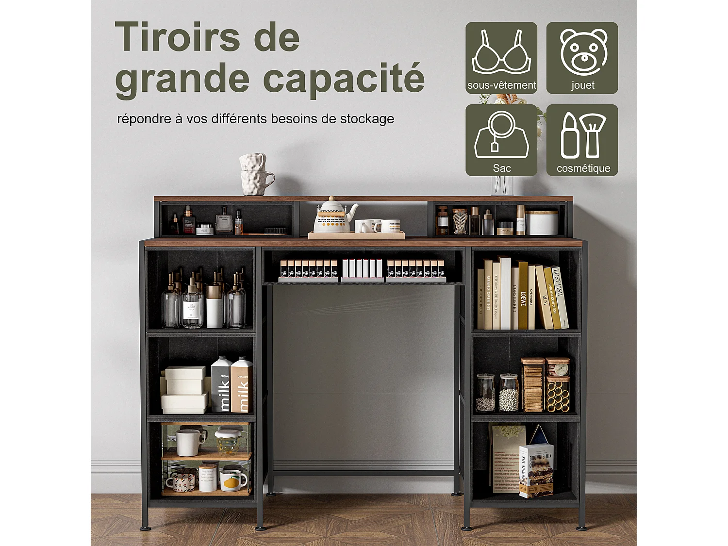 Coiffeuse avec 9 tiroirs, grand espace de rangement, plateau en bois, design double côté, pieds réglables et système anti-basculement