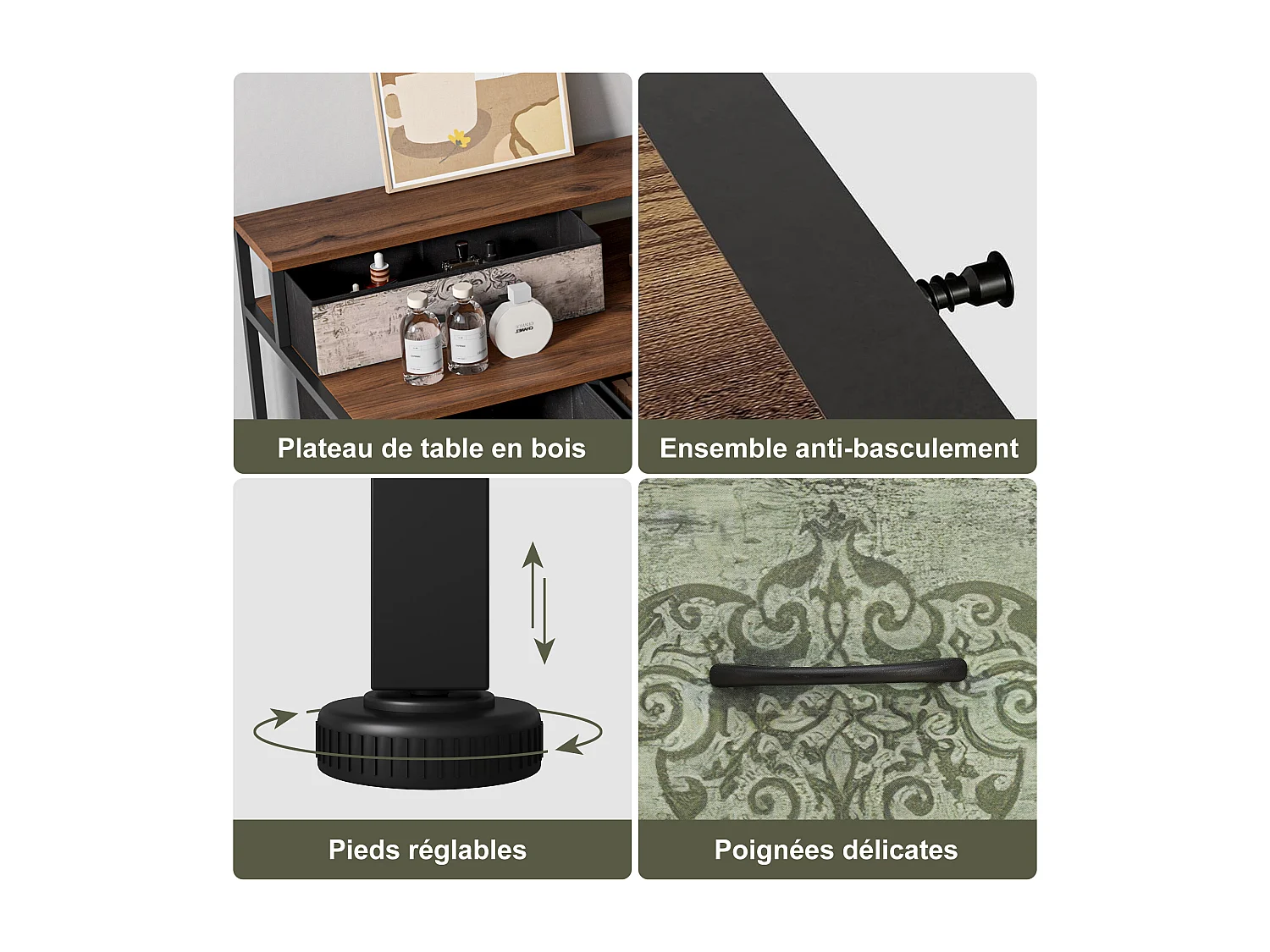 Coiffeuse avec 9 tiroirs, grand espace de rangement, plateau en bois, design double côté, pieds réglables et système anti-basculement