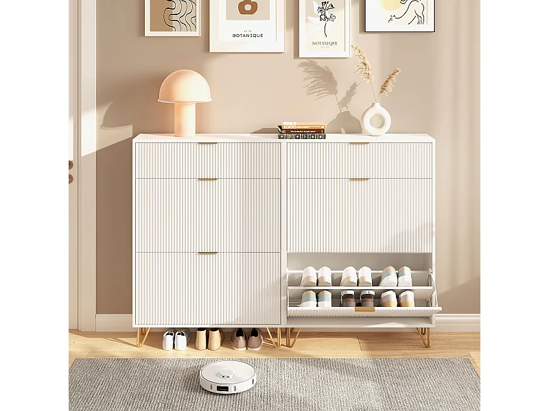 Meuble à chaussures 2 portes, design ondulé blanc, pieds hauts, espace extensible, surface imperméable et facile à nettoyer