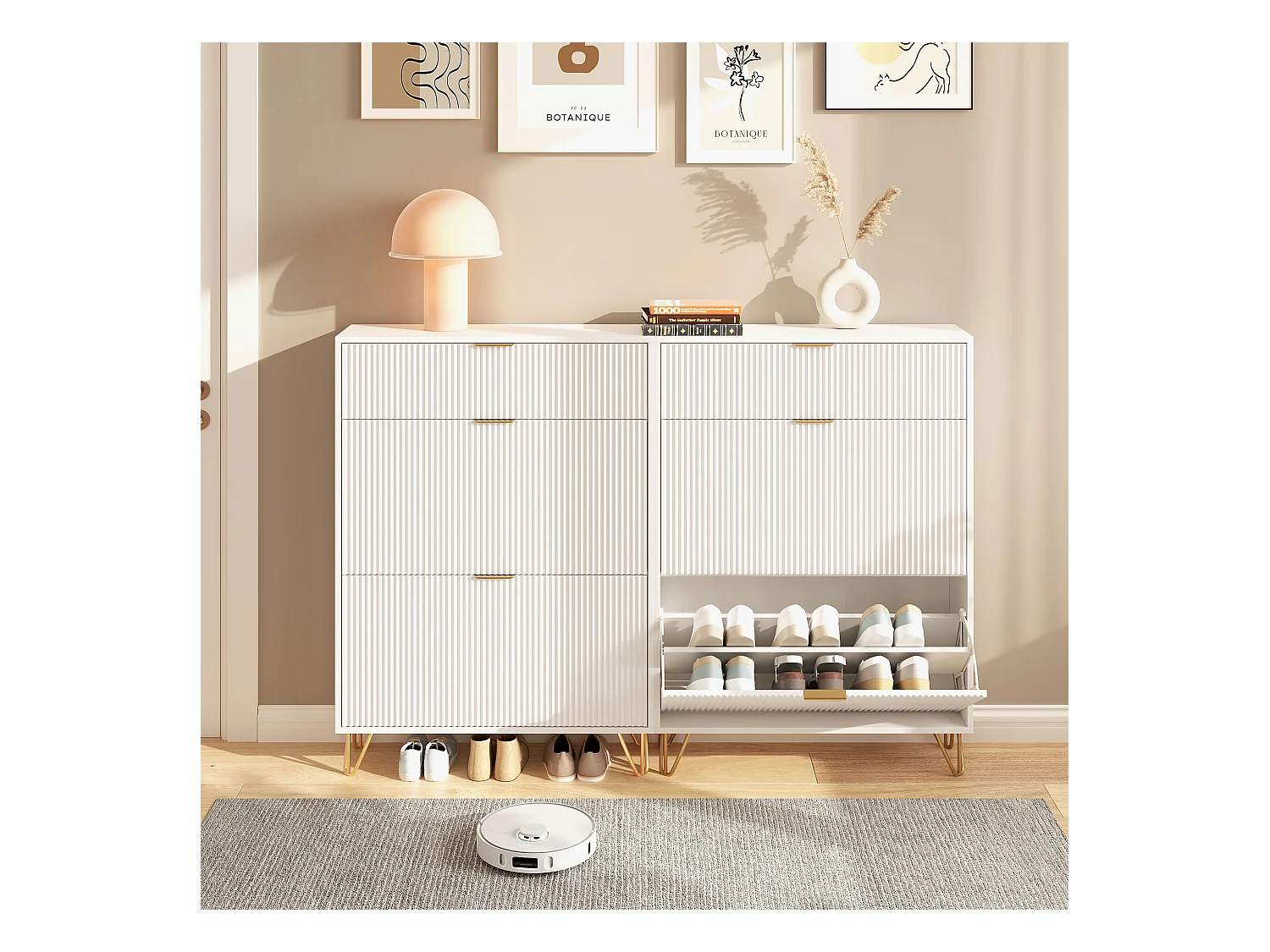 Meuble à chaussures 2 portes, design ondulé blanc, pieds hauts, espace extensible, surface imperméable et facile à nettoyer