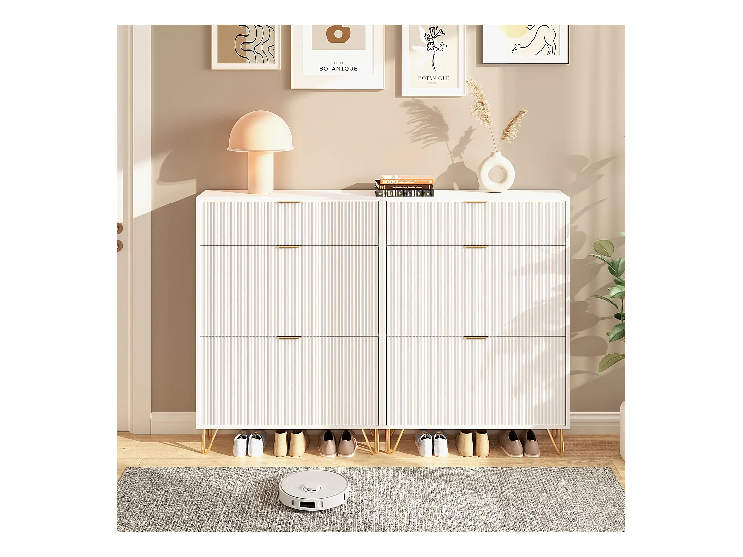 Meuble à chaussures 2 portes, design ondulé blanc, pieds hauts, espace extensible, surface imperméable et facile à nettoyer