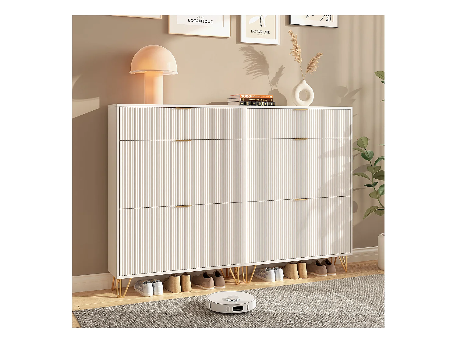 Meuble à chaussures 2 portes, design ondulé blanc, pieds hauts, espace extensible, surface imperméable et facile à nettoyer