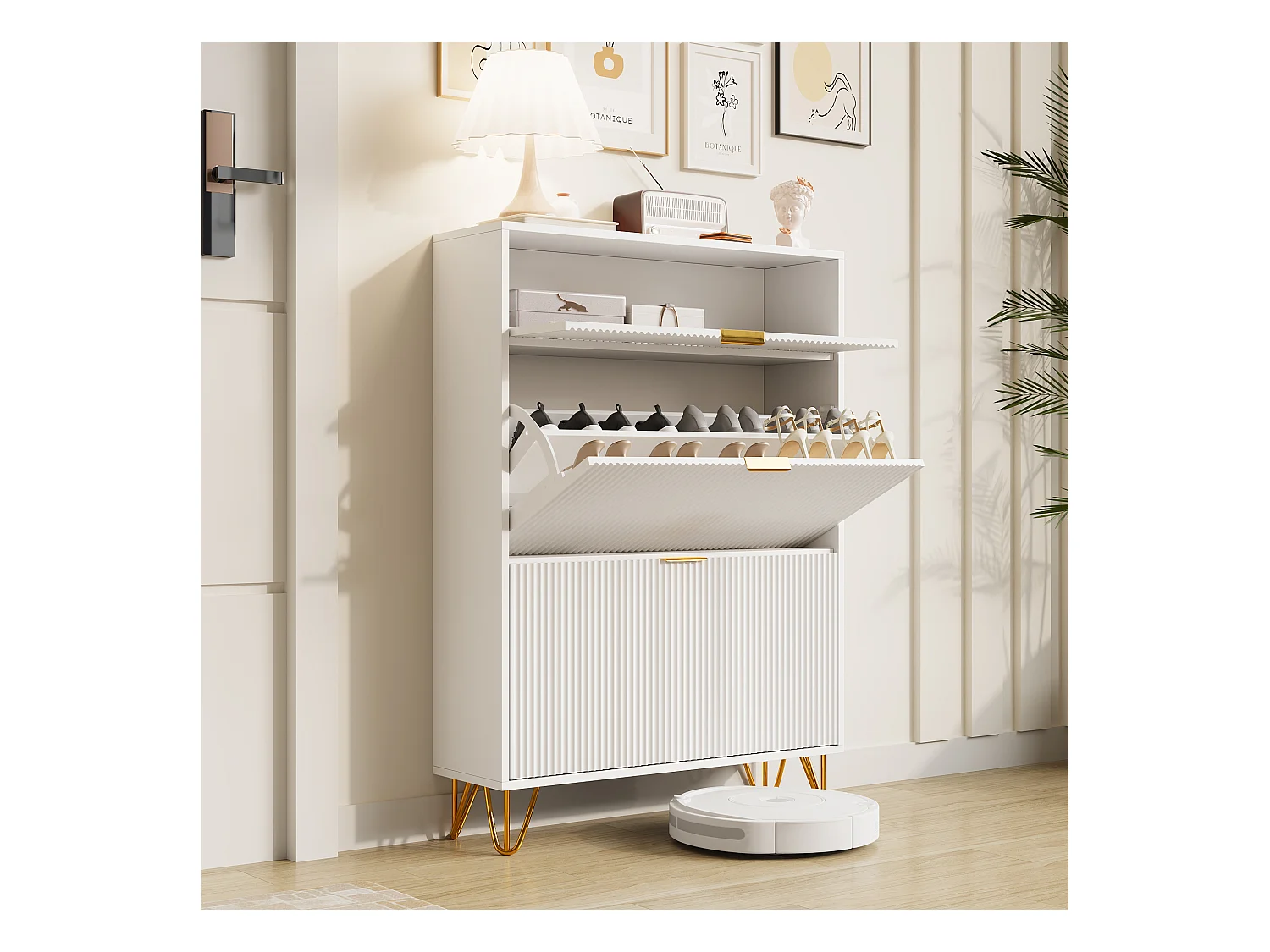 Meuble à chaussures 2 portes, design ondulé blanc, pieds hauts, espace extensible, surface imperméable et facile à nettoyer