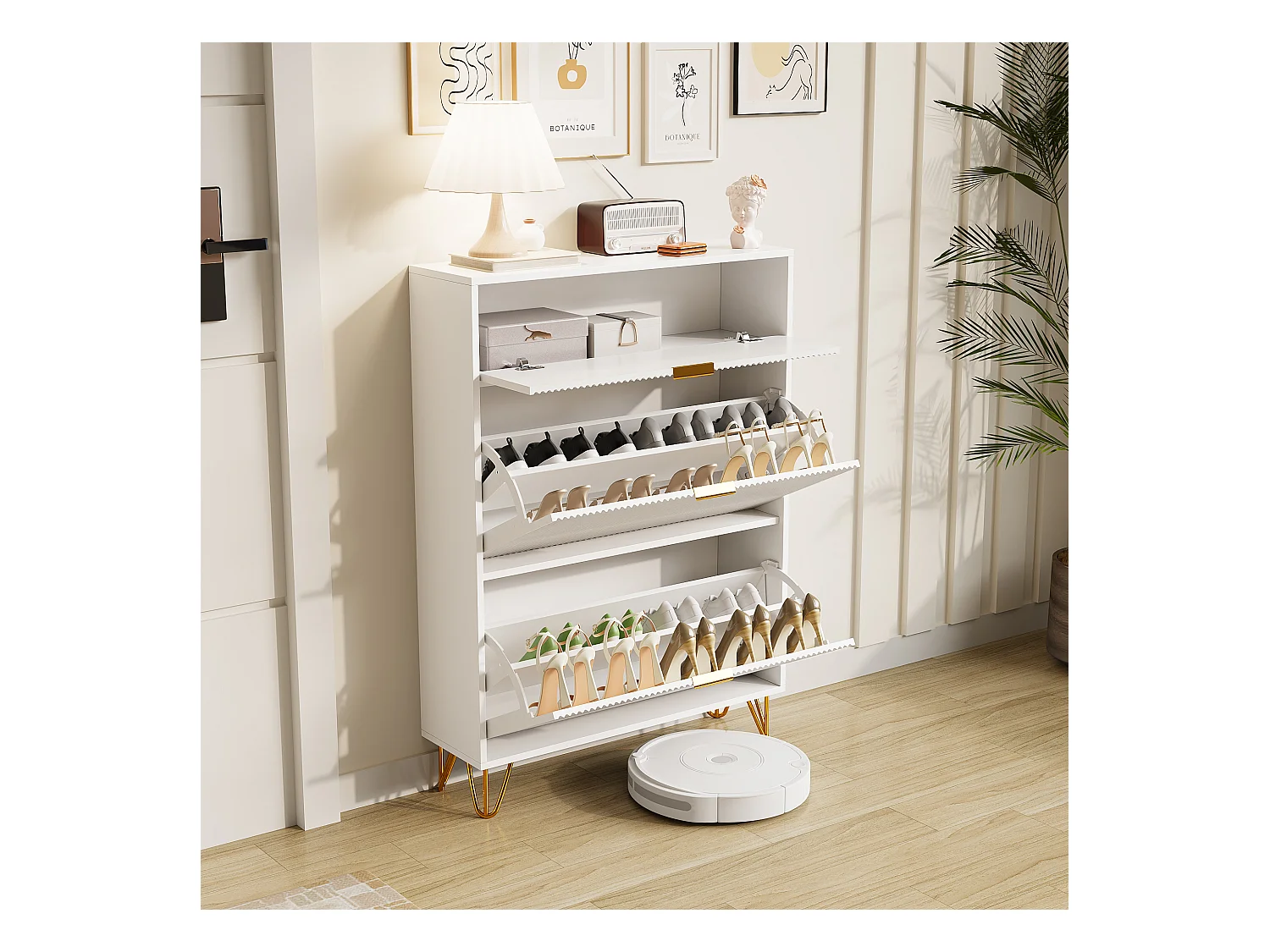 Meuble à chaussures 2 portes, design ondulé blanc, pieds hauts, espace extensible, surface imperméable et facile à nettoyer