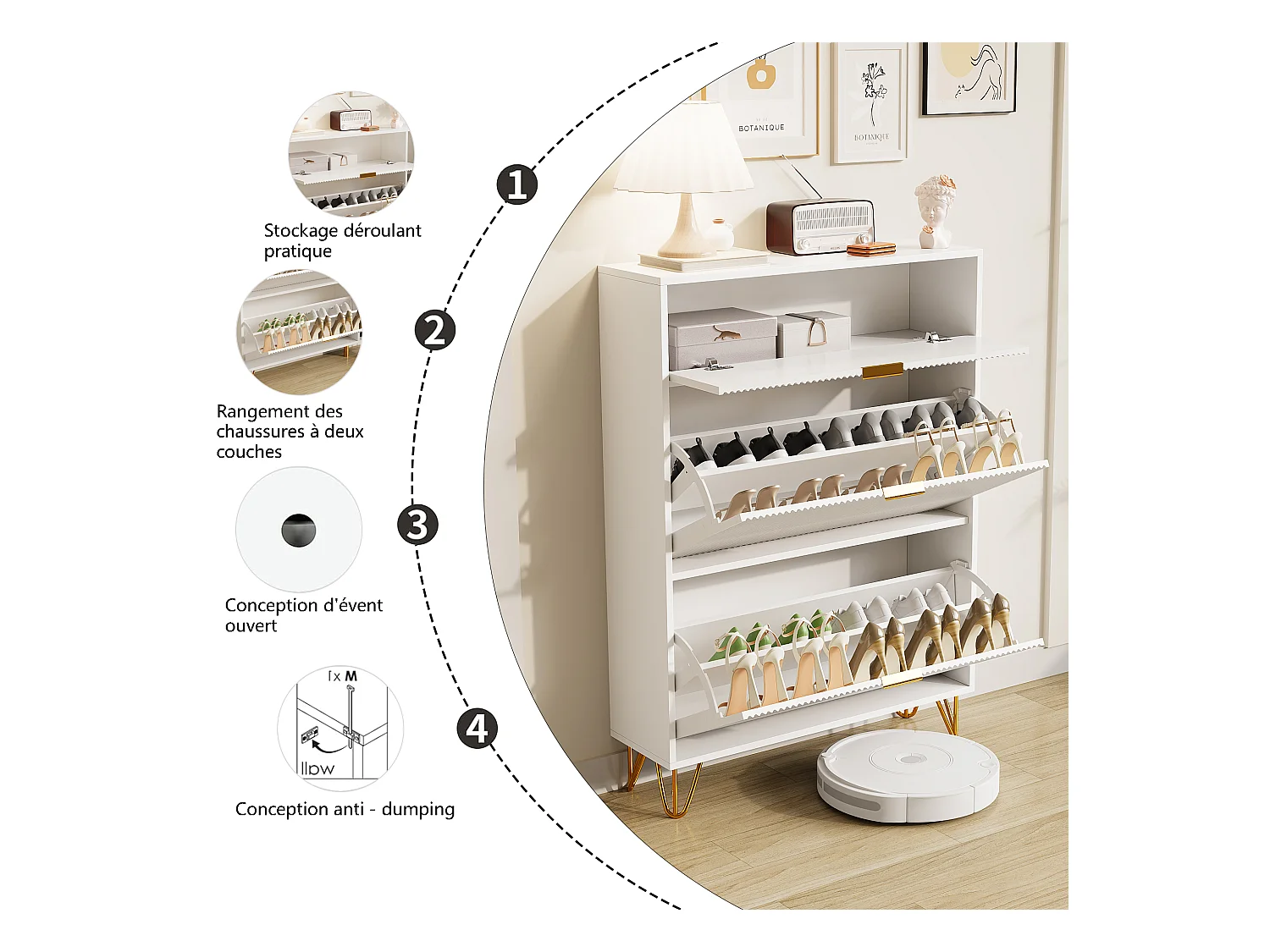 Meuble à chaussures 2 portes, design ondulé blanc, pieds hauts, espace extensible, surface imperméable et facile à nettoyer