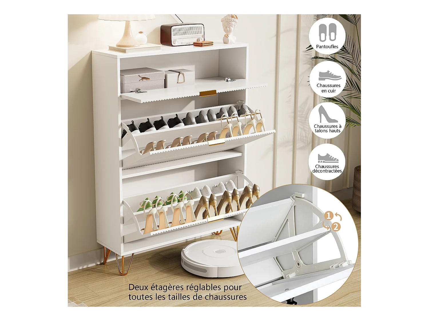 Meuble à chaussures 2 portes, design ondulé blanc, pieds hauts, espace extensible, surface imperméable et facile à nettoyer