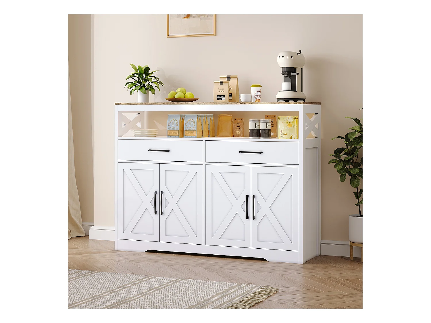 Credenza bianca e legno con 2 cassetti, 2 ante e ripiani aperti: design elegante, spazio funzionale e salvaspazio