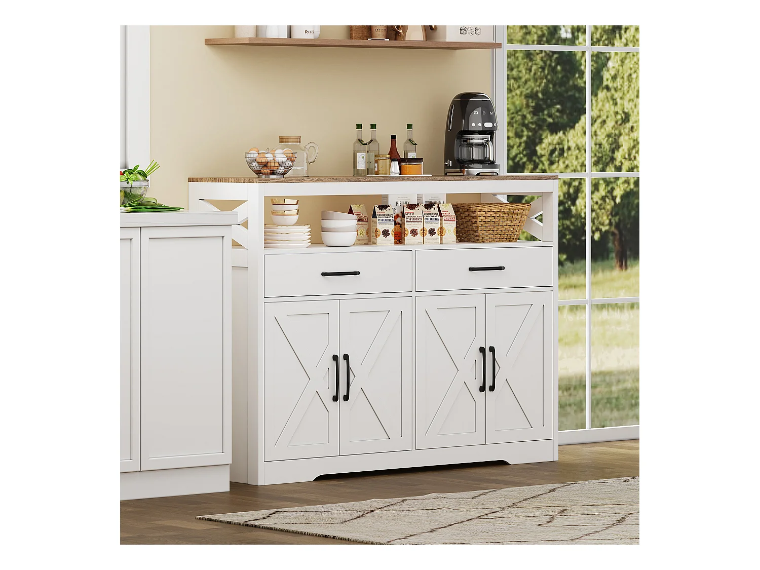 Credenza bianca e legno con 2 cassetti, 2 ante e ripiani aperti: design elegante, spazio funzionale e salvaspazio