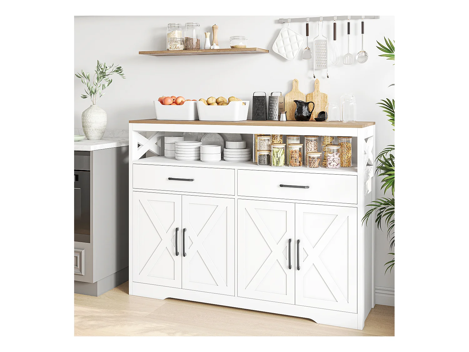 Credenza bianca e legno con 2 cassetti, 2 ante e ripiani aperti: design elegante, spazio funzionale e salvaspazio