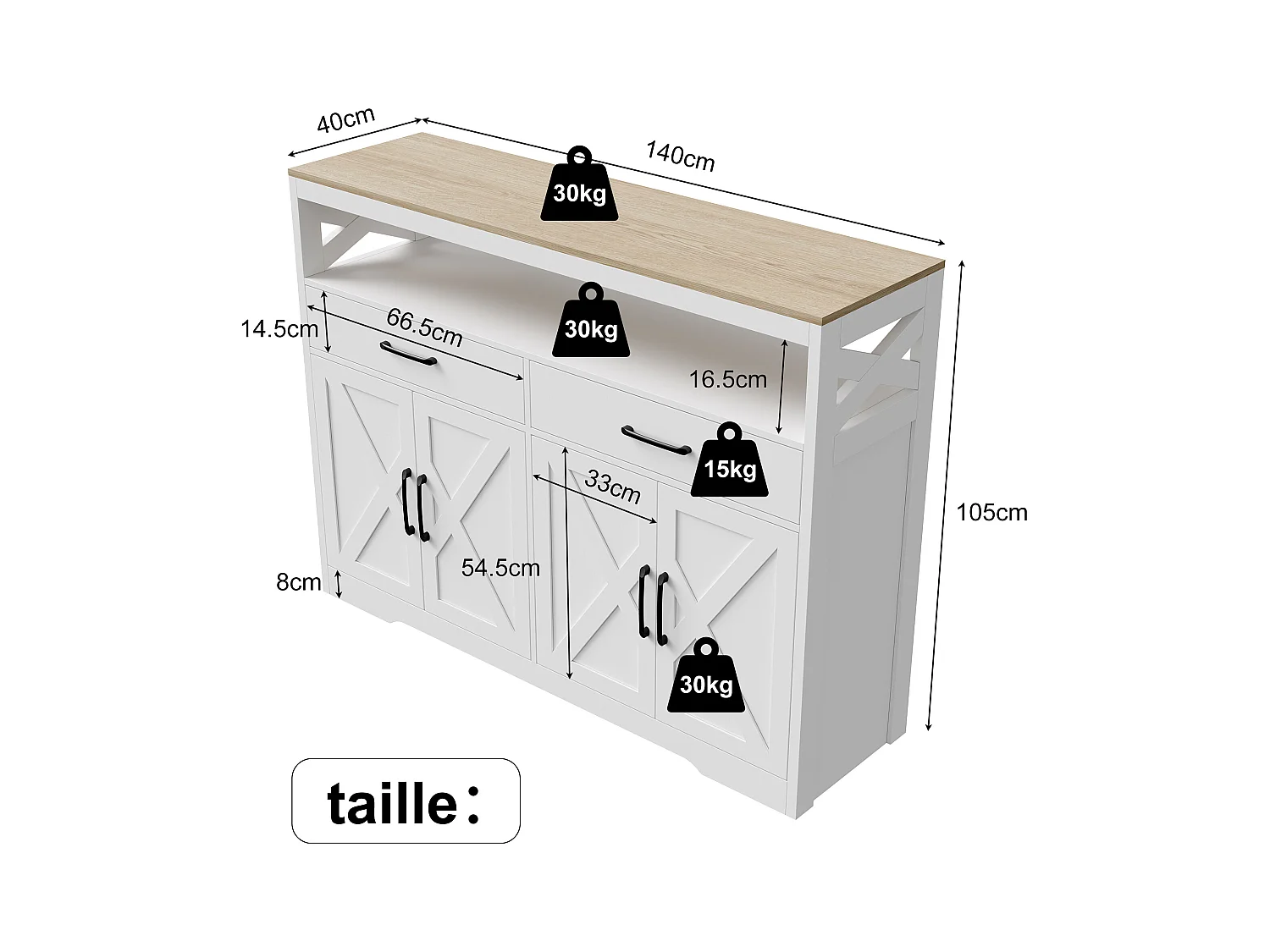 Credenza bianca e legno con 2 cassetti, 2 ante e ripiani aperti: design elegante, spazio funzionale e salvaspazio