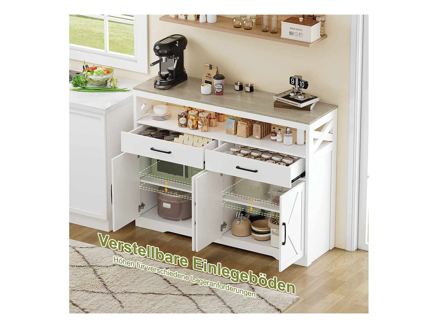 Credenza bianca e legno con 2 cassetti, 2 ante e ripiani aperti: design elegante, spazio funzionale e salvaspazio