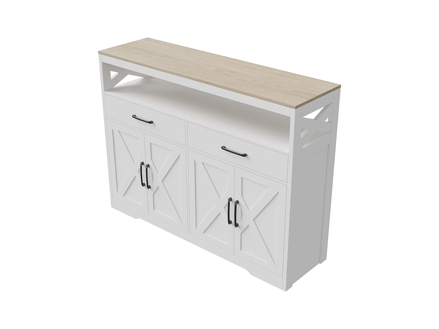 Credenza bianca e legno con 2 cassetti, 2 ante e ripiani aperti: design elegante, spazio funzionale e salvaspazio