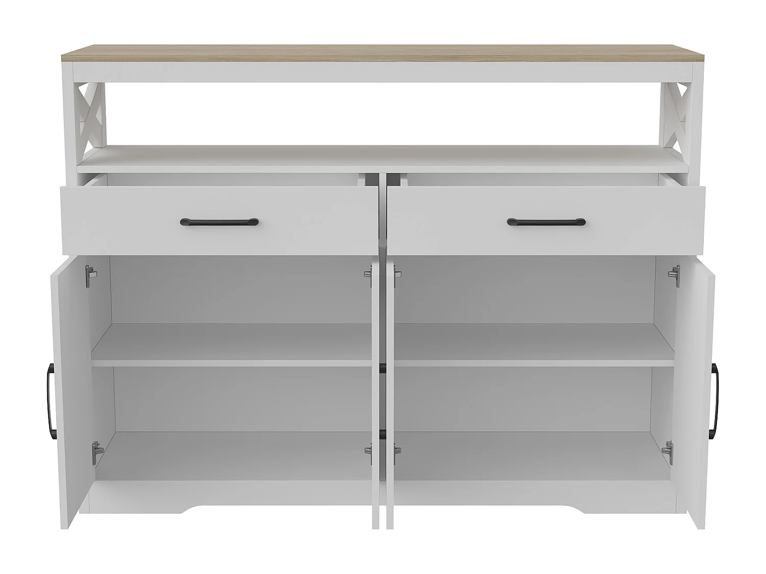 Buffet blanc et bois avec 2 tiroirs, 2 portes et étagères ouvertes - design élégant, rangement fonctionnel et gain de place
