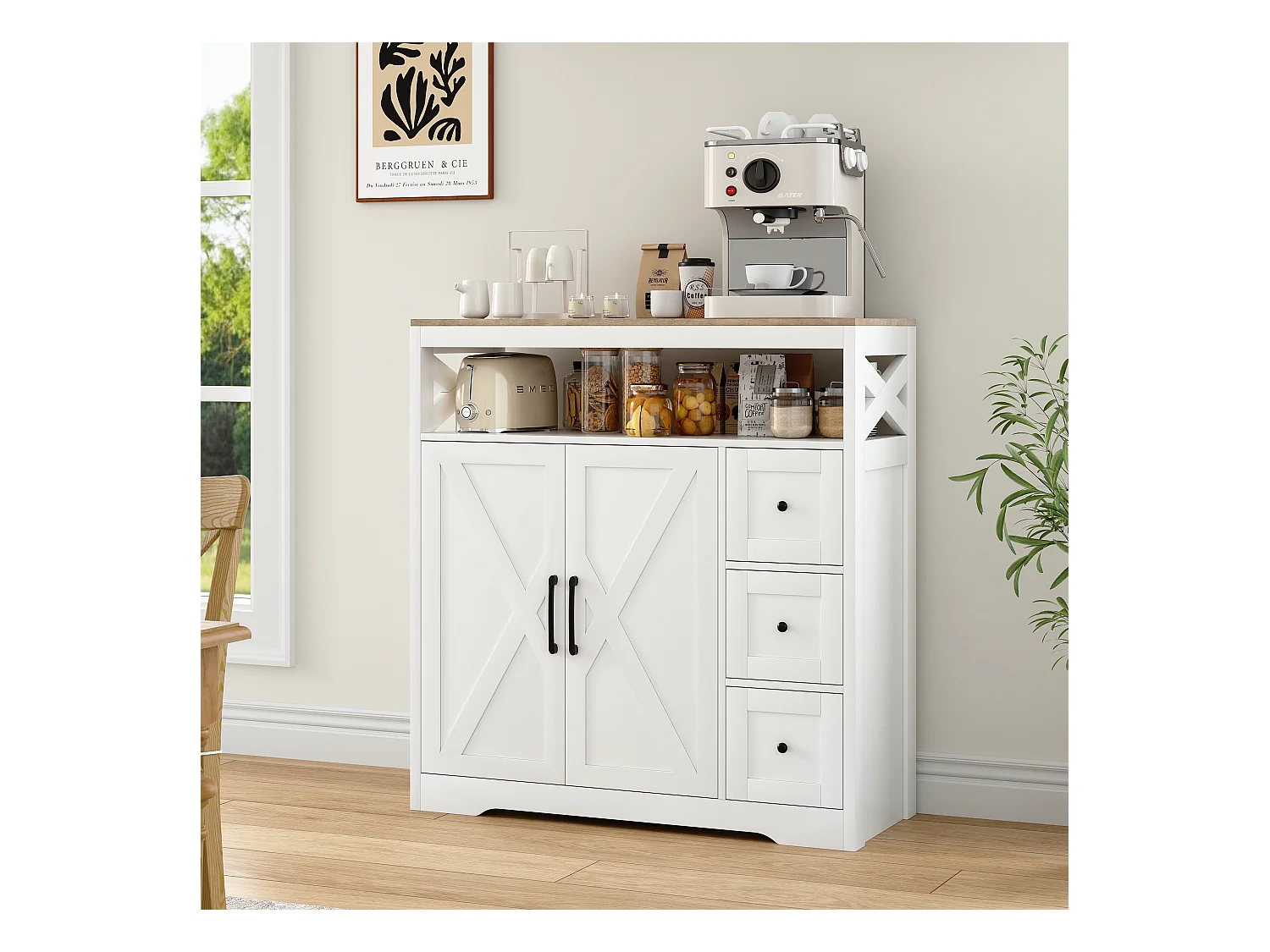 Credenza scandinava con 3 cassetti e 2 ante in MDF: design pulito, pratico spazio di archiviazione, materiali ecologici e facile montaggio