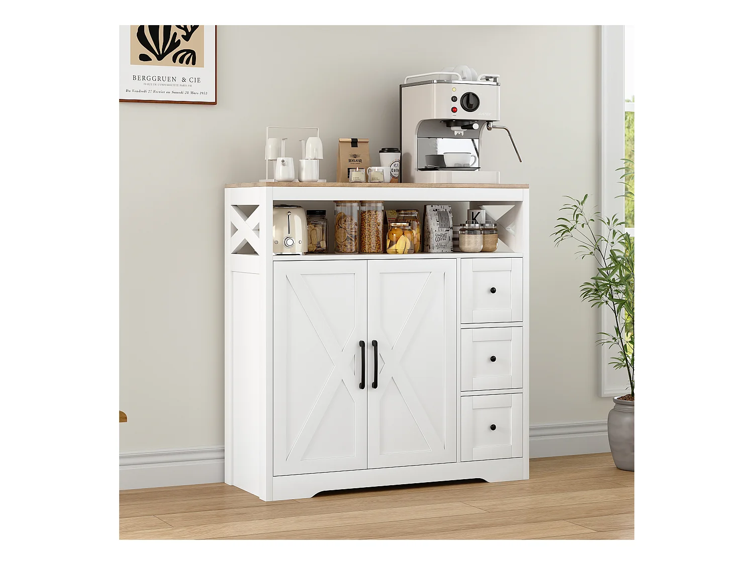 Credenza scandinava con 3 cassetti e 2 ante in MDF: design pulito, pratico spazio di archiviazione, materiali ecologici e facile montaggio