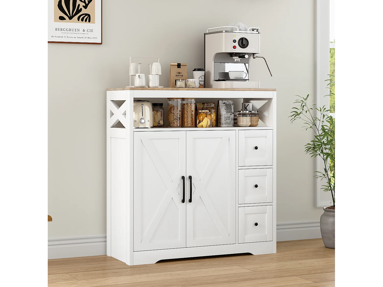 Buffet scandinave 3 tiroirs et 2 portes en MDF – design épuré, rangement pratique, matériaux écologiques et montage facile