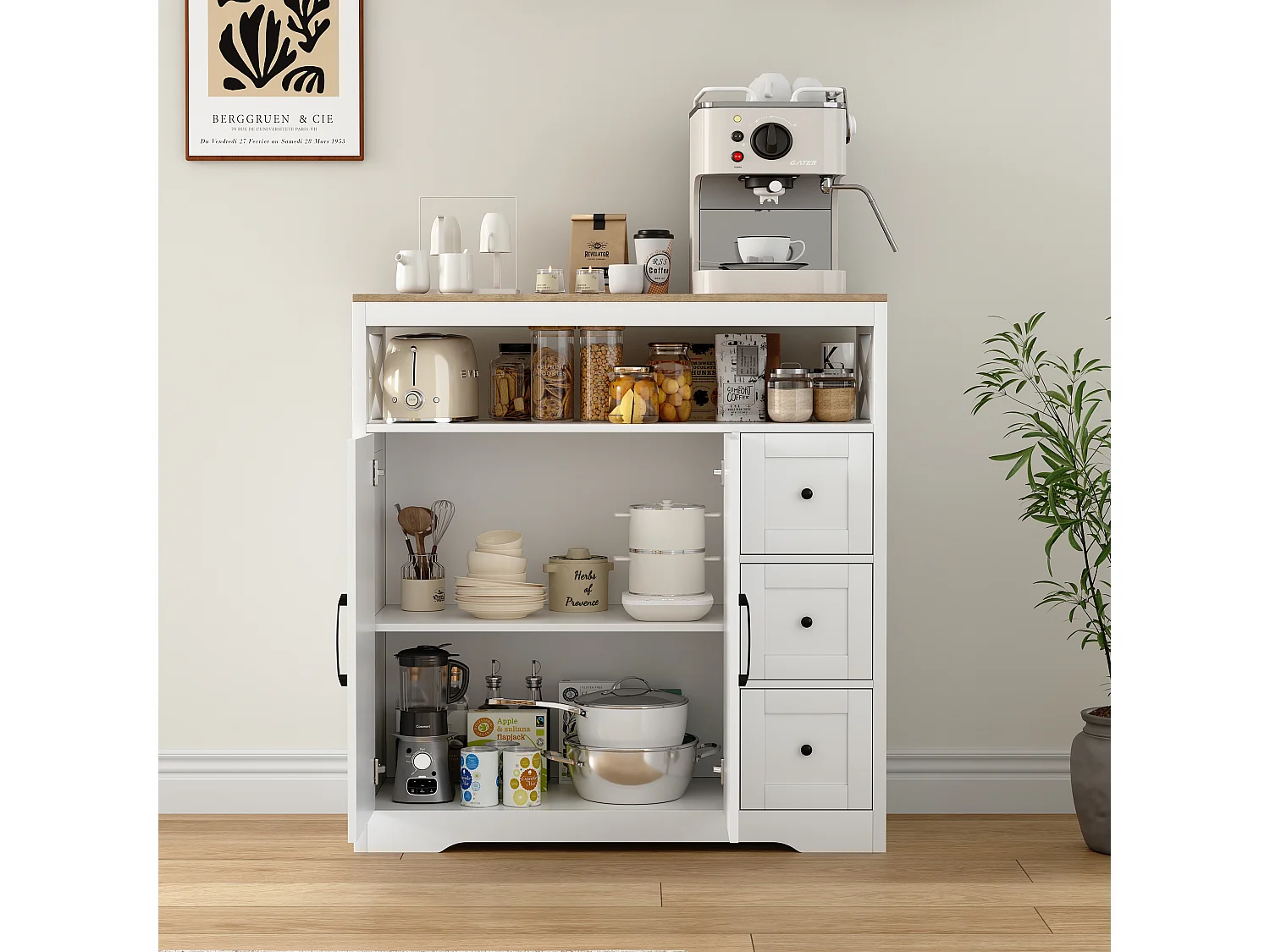 Buffet scandinave 3 tiroirs et 2 portes en MDF – design épuré, rangement pratique, matériaux écologiques et montage facile