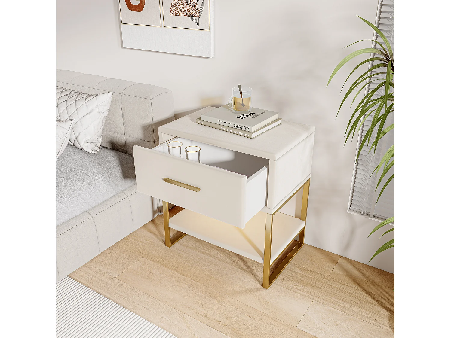 Table de chevet en velours beige avec LED multicolores, 1 tiroir et 1 niche, cadre en métal doré, design moderne et élégant
