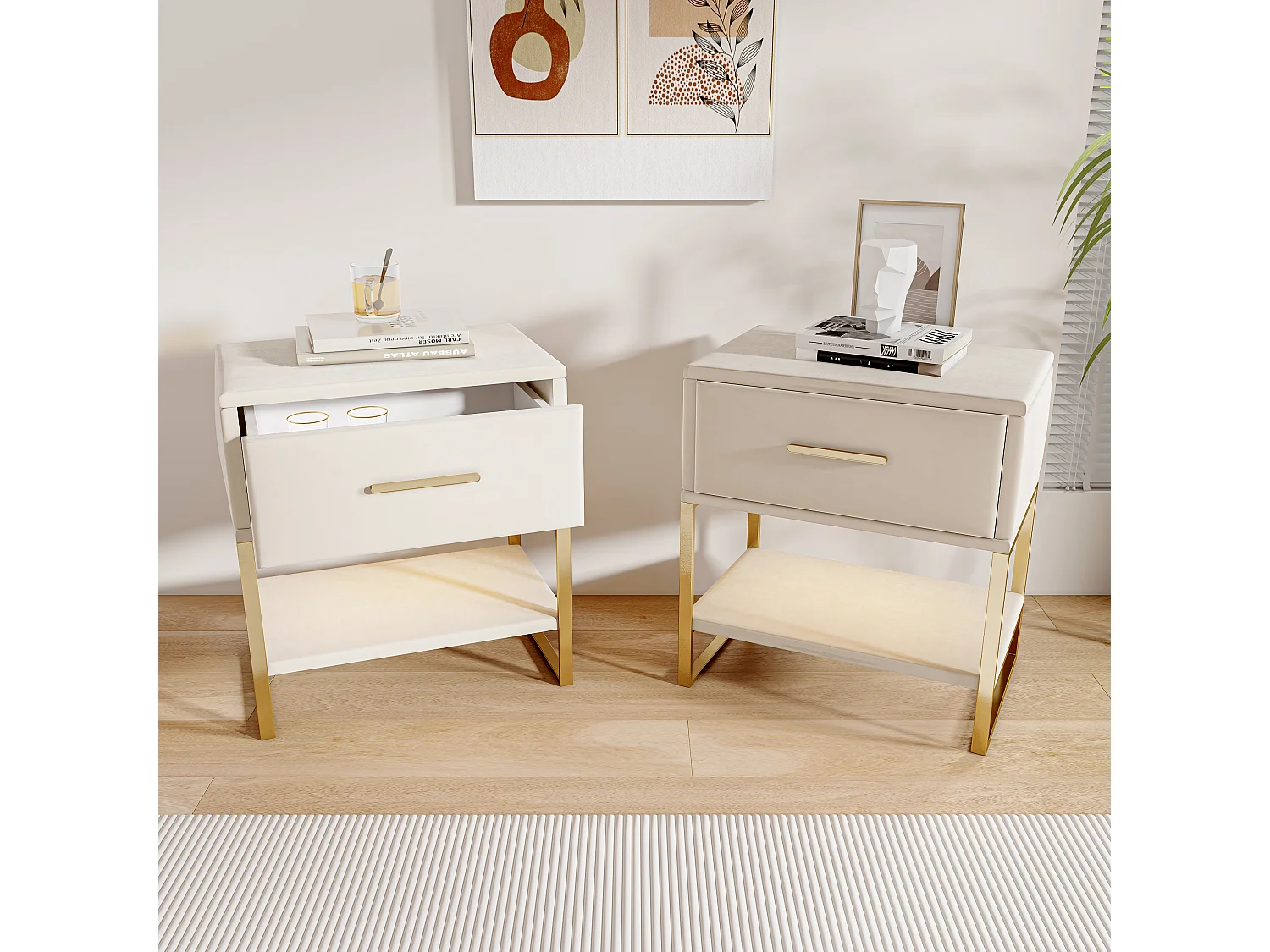 Table de chevet en velours beige avec LED multicolores, 1 tiroir et 1 niche, cadre en métal doré, design moderne et élégant