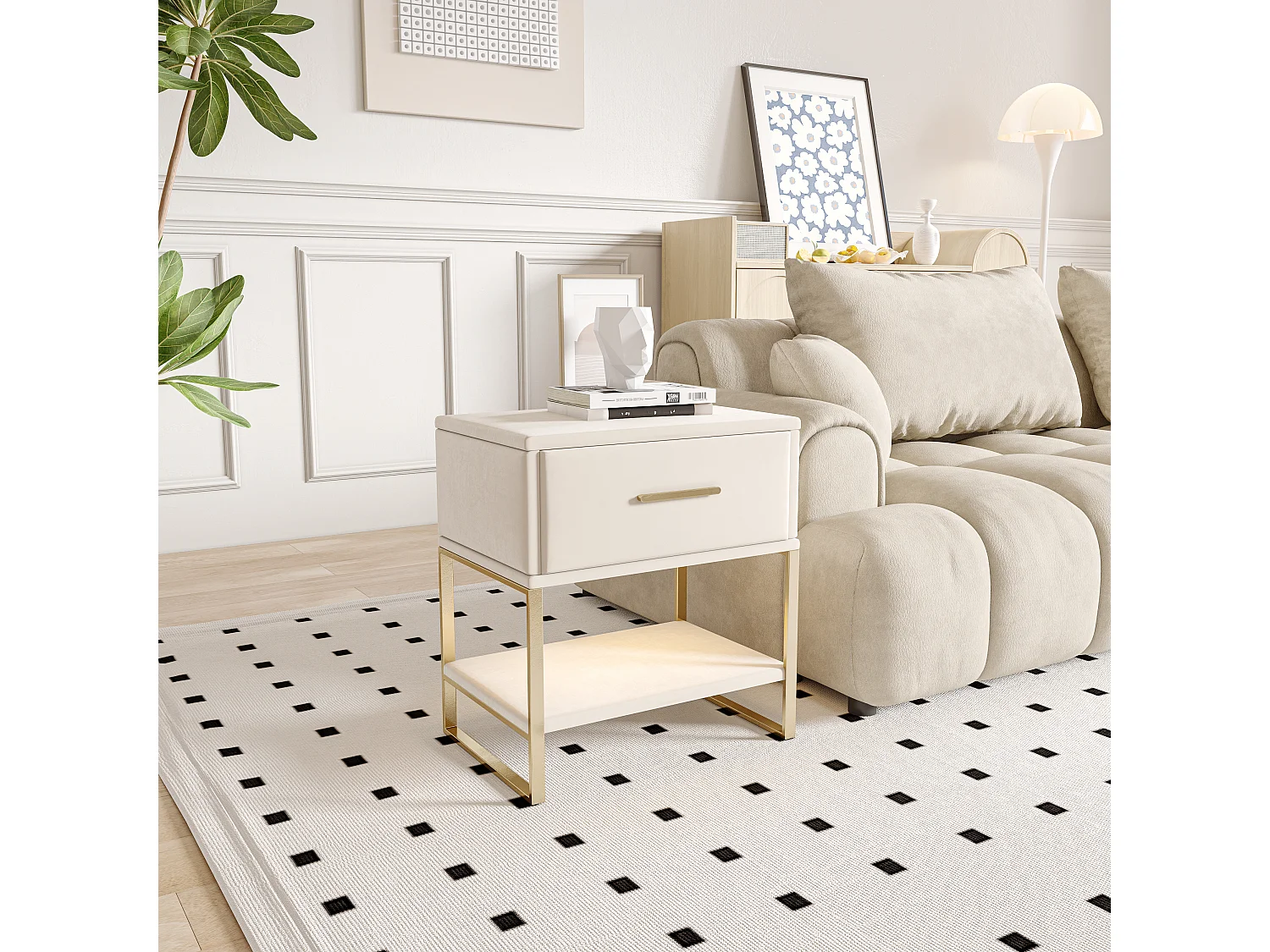 Table de chevet en velours beige avec LED multicolores, 1 tiroir et 1 niche, cadre en métal doré, design moderne et élégant