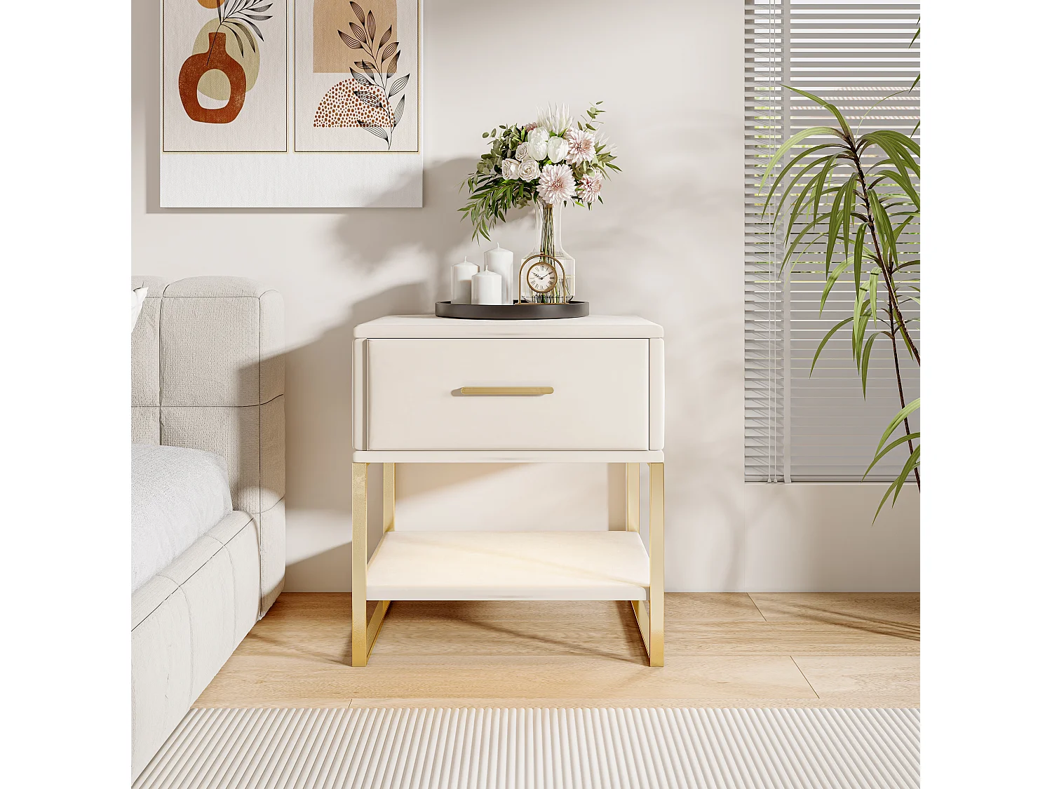 Table de chevet en velours beige avec LED multicolores, 1 tiroir et 1 niche, cadre en métal doré, design moderne et élégant