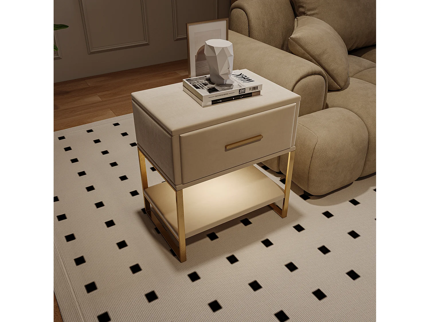 Table de chevet en velours beige avec LED multicolores, 1 tiroir et 1 niche, cadre en métal doré, design moderne et élégant
