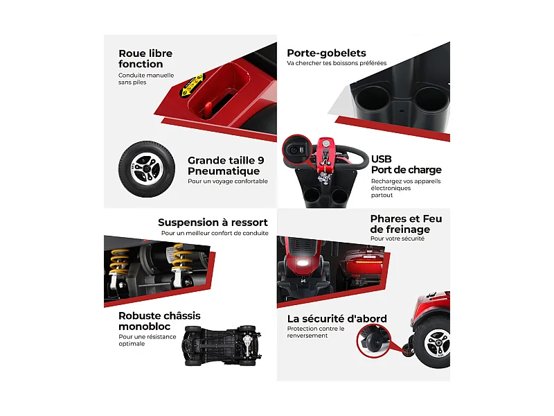 Patinete 4 Ruedas 300W Plegable, Portavasos/USB, Batería Extraíble, LED, 6KM/H, Adultos Mayor - Rojo