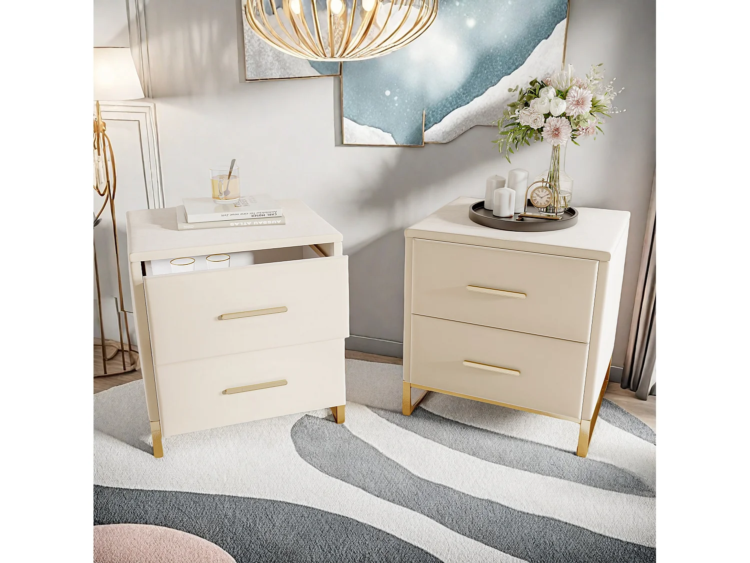 Mesa de cabeceira moderna bege com duas gavetas e pés de metal dourado, tecido de veludo
