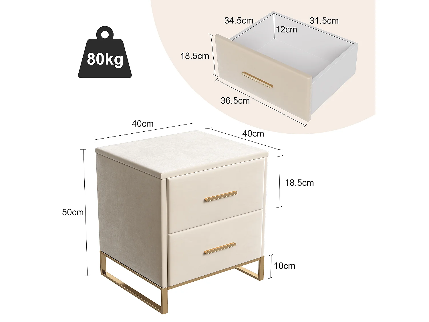 Mesa de cabeceira moderna bege com duas gavetas e pés de metal dourado, tecido de veludo