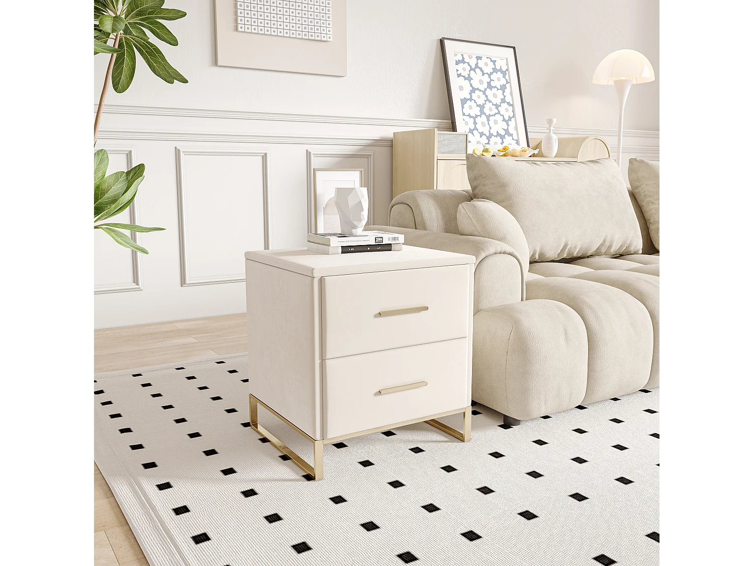 Mesa de cabeceira moderna bege com duas gavetas e pés de metal dourado, tecido de veludo