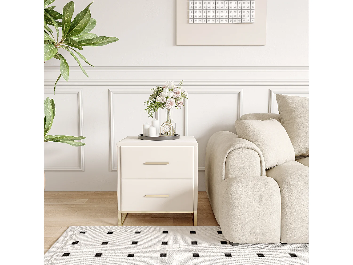 Mesa de cabeceira moderna bege com duas gavetas e pés de metal dourado, tecido de veludo