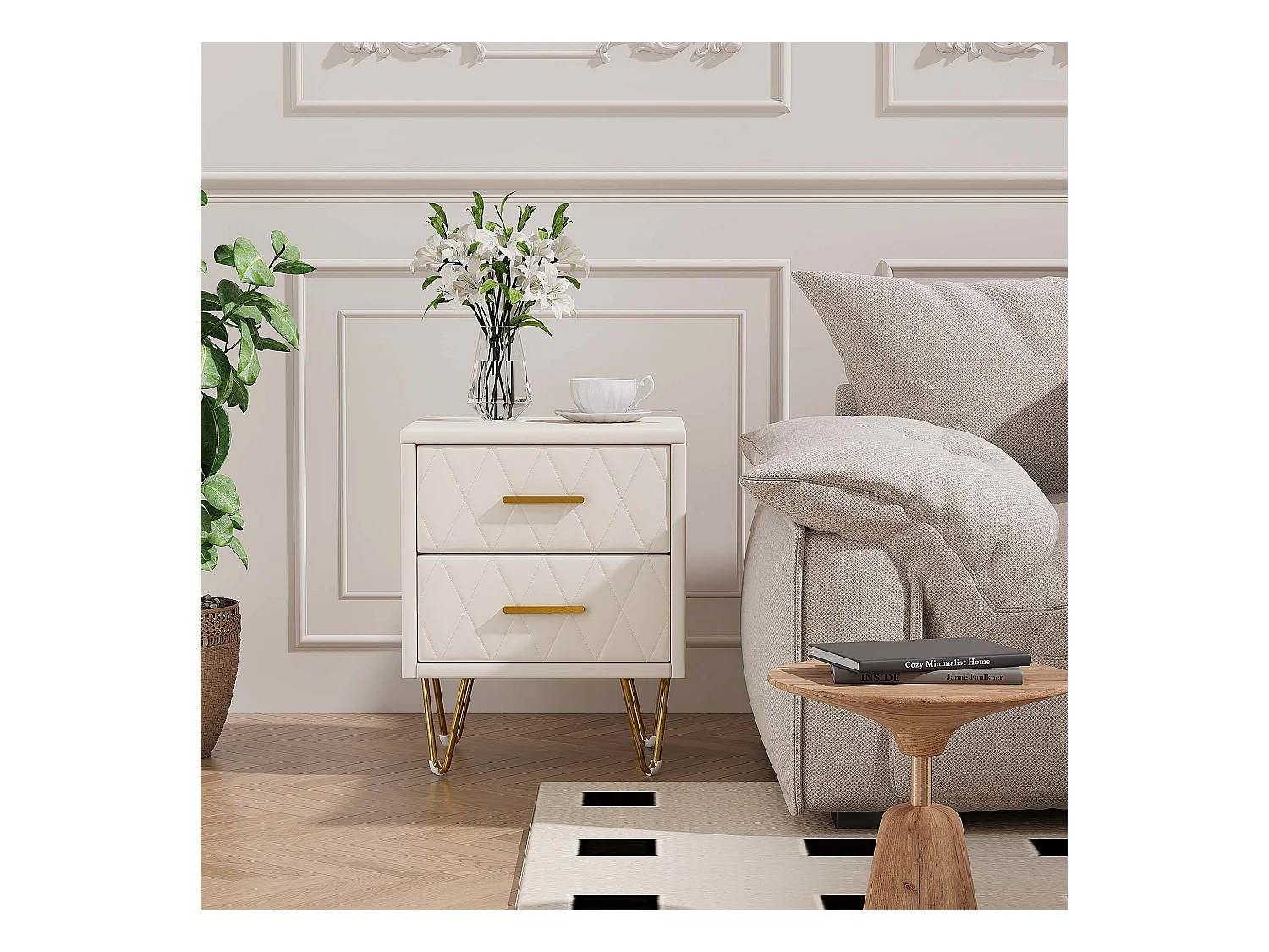 Lot de 2 tables de chevet beige en cuir PU avec 2 tiroirs – Design moderne, capitonnage doux et grand espace de rangement