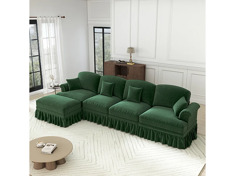 Modulare L-Form Eckcouch 4-Sitzer - Chenille - Abnehmbarer Überwurf und Hocker - 350x140x93cm - Grün