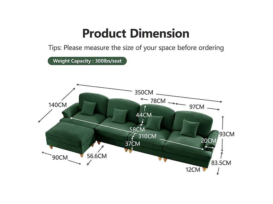 Sofá Cantinho Modular 4 Lugares em L - Chenille - Capa Removível e Puf - 350x140x93cm - Verde