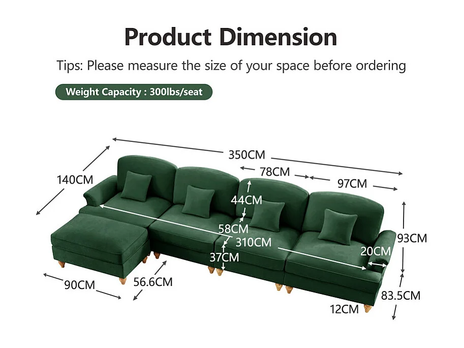 Canapé 4 places d’angle Modulable en L - Chenille - avec cantonnière amovible et pouf mobile - 350x140x93cm - Vert