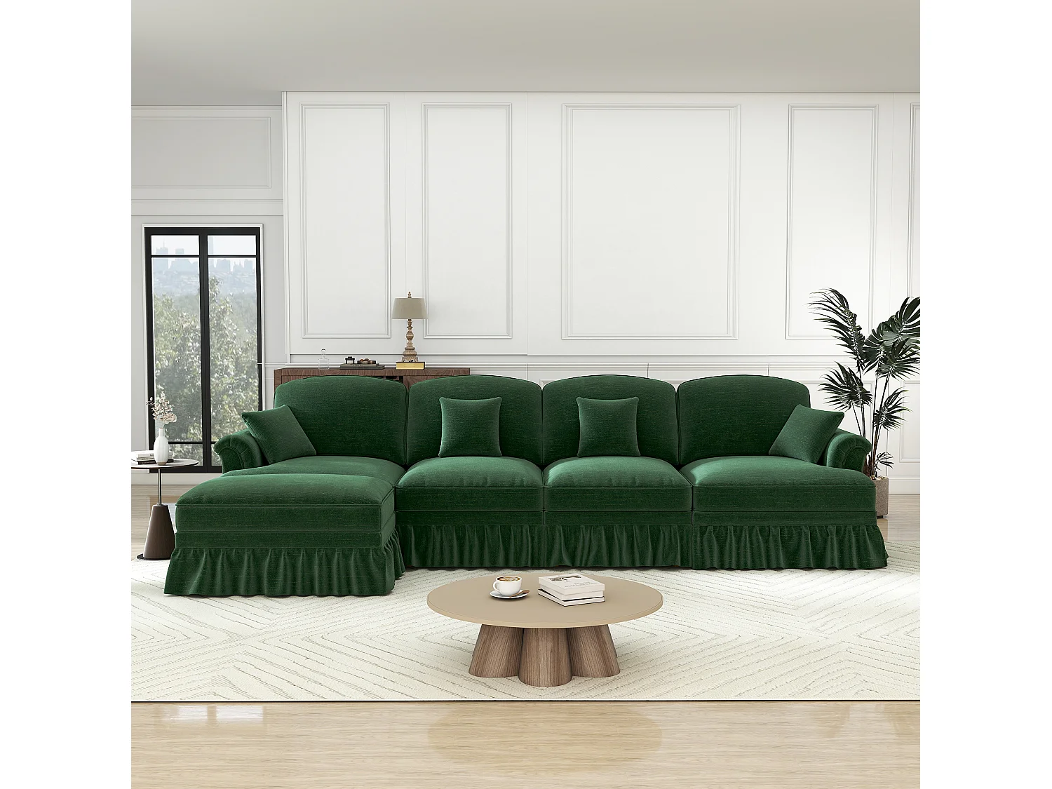 Canapé 4 places d’angle Modulable en L - Chenille - avec cantonnière amovible et pouf mobile - 350x140x93cm - Vert