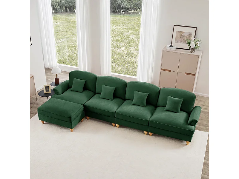 Canapé 4 places d’angle Modulable en L - Chenille - avec cantonnière amovible et pouf mobile - 350x140x93cm - Vert