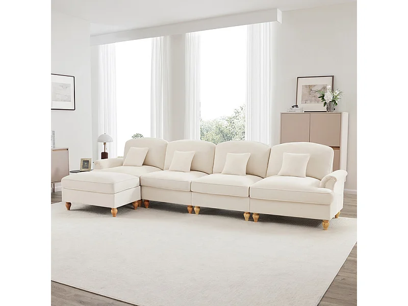 Sofá Cantinho Modular 4 Lugares em L - Chenille - Capa Removível e Puf - 350x140x93cm - Bege