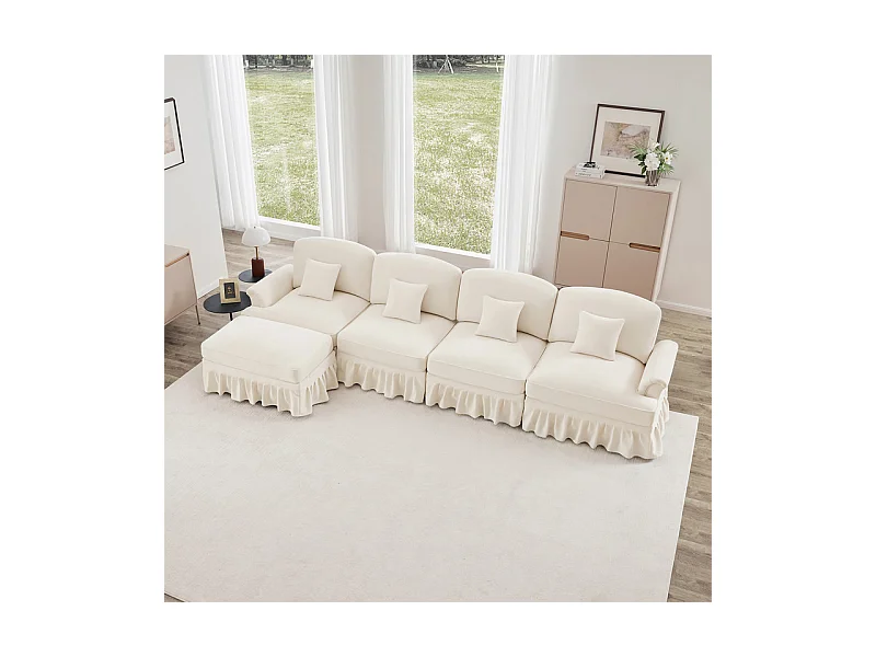Sofá Cantinho Modular 4 Lugares em L - Chenille - Capa Removível e Puf - 350x140x93cm - Bege