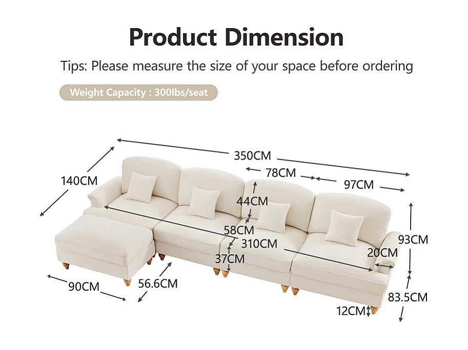 Canapé 4 places d’angle Modulable en L - Chenille - avec cantonnière amovible et pouf mobile - 350x140x93cm - Beige