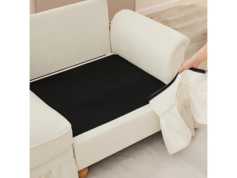 Canapé 4 places d’angle Modulable en L - Chenille - avec cantonnière amovible et pouf mobile - 350x140x93cm - Beige