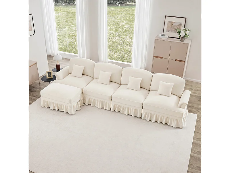 Canapé 4 places d’angle Modulable en L - Chenille - avec cantonnière amovible et pouf mobile - 350x140x93cm - Beige