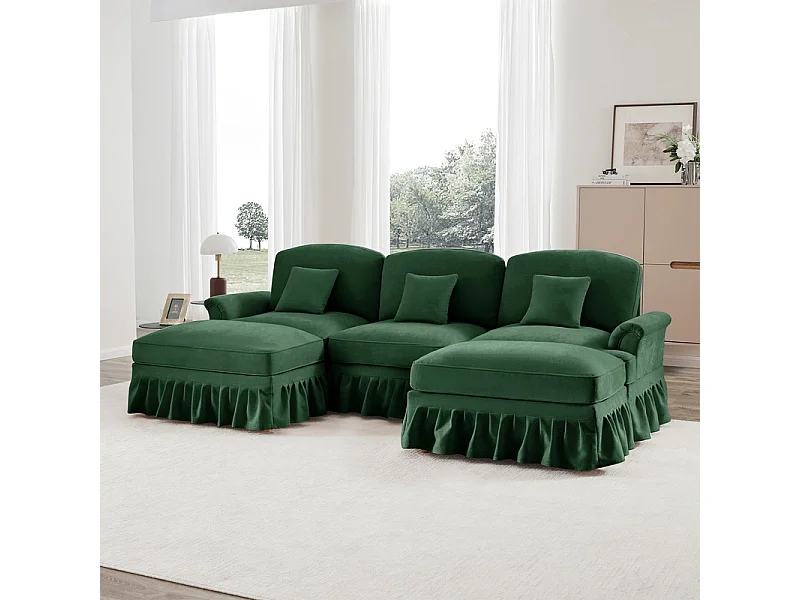 Sofá Cantinho Modular 3 Lugares em U - Chenille - Capa Removível e 2 Pufs - 272x140x93cm - Verde
