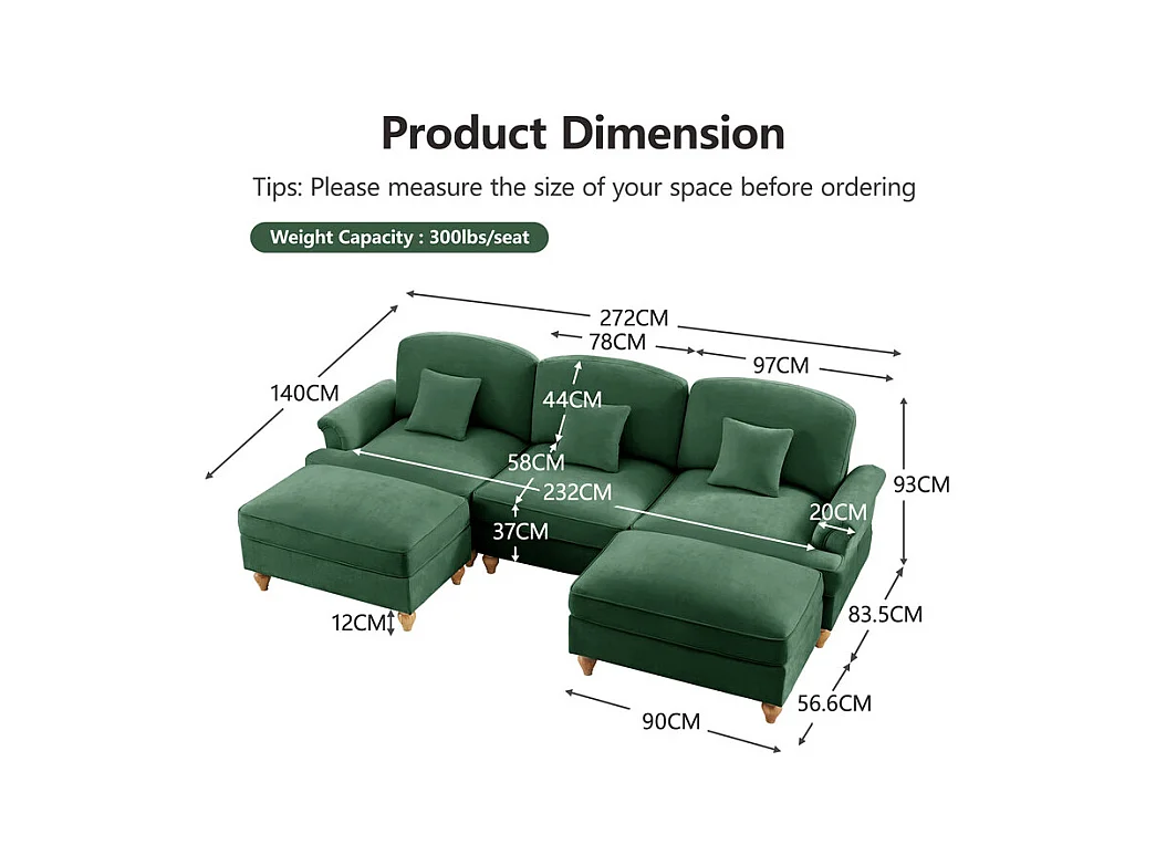 Sofá Cantinho Modular 3 Lugares em U - Chenille - Capa Removível e 2 Pufs - 272x140x93cm - Verde