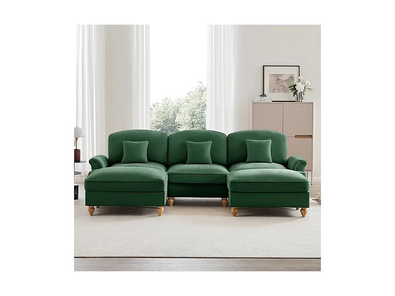 Sofá Cantinho Modular 3 Lugares em U - Chenille - Capa Removível e 2 Pufs - 272x140x93cm - Verde