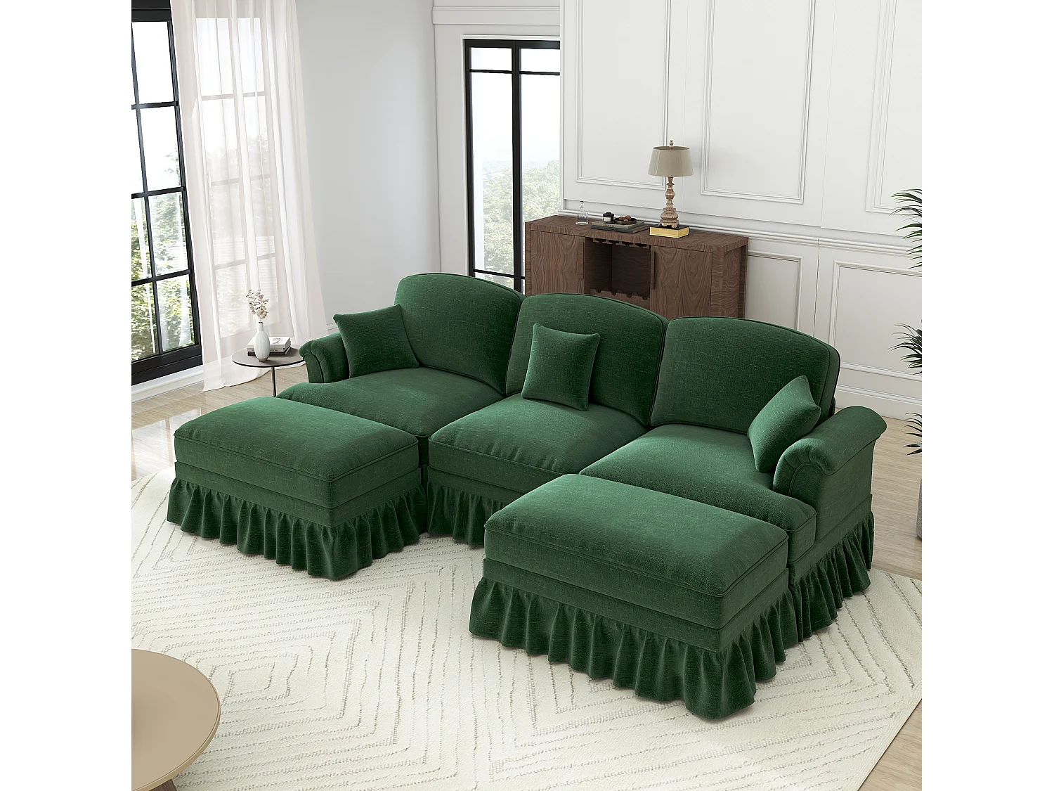 Canapé 3 places d’angle modulable en U - Chenille - avec cantonnière amovible et 2 pouf mobile - 272x140x93cm - Vert