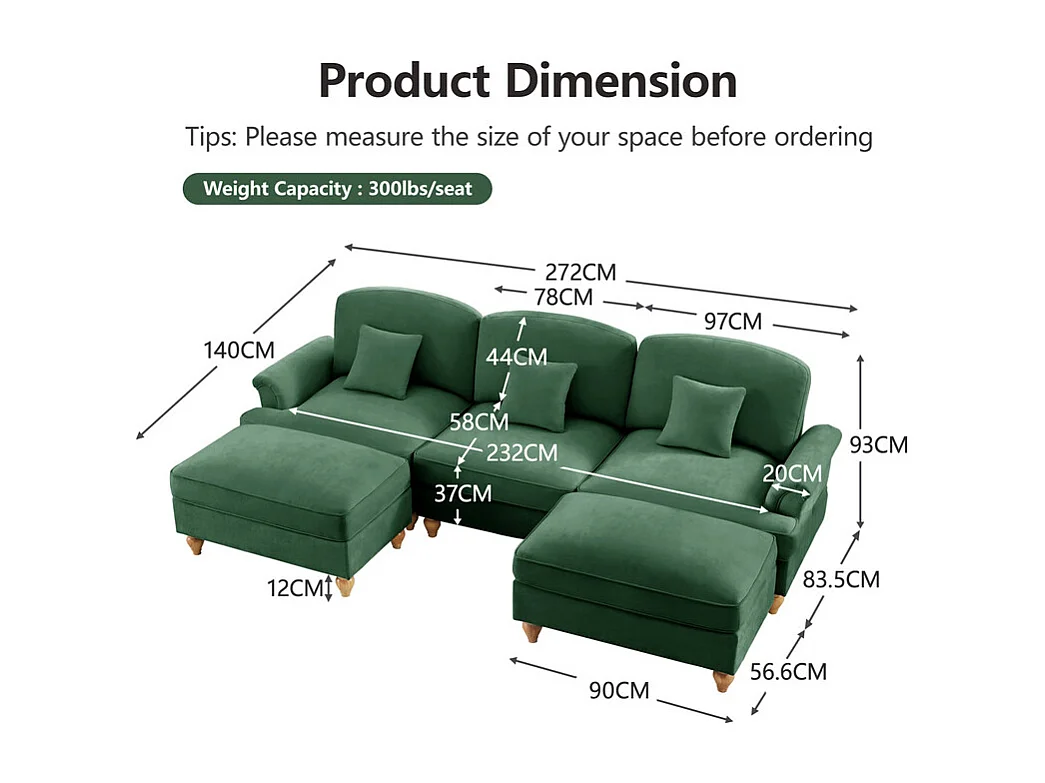 Canapé 3 places d’angle modulable en U - Chenille - avec cantonnière amovible et 2 pouf mobile - 272x140x93cm - Vert