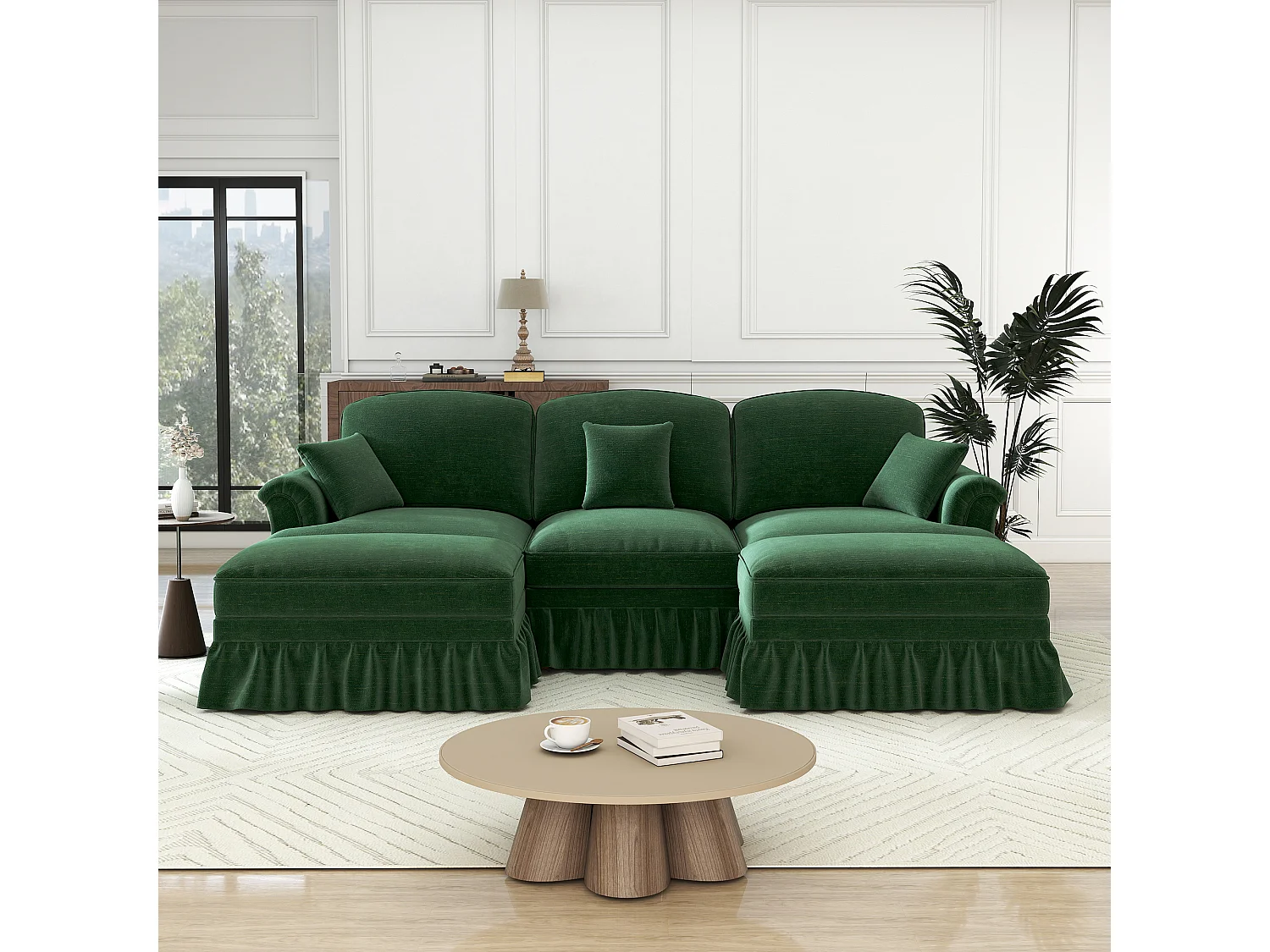 Canapé 3 places d’angle modulable en U - Chenille - avec cantonnière amovible et 2 pouf mobile - 272x140x93cm - Vert