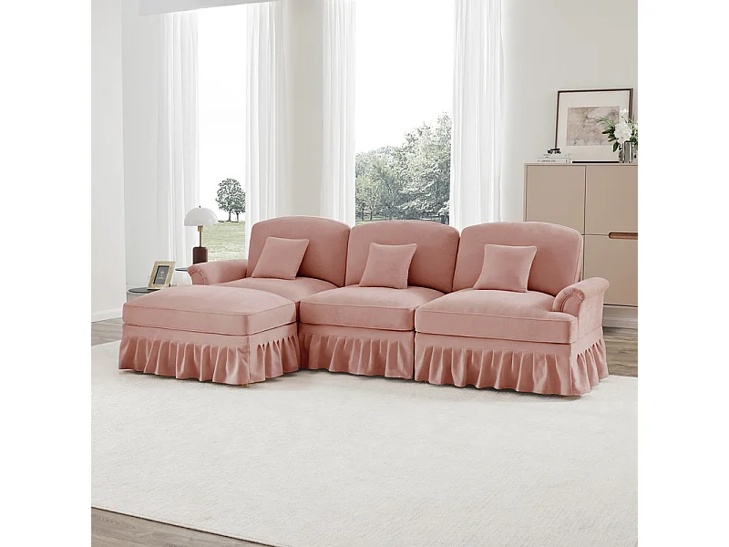 Sofá Cantinho Modular 3 Lugares Chenille - Capa Removível e Puf Móvel - 272x140x93cm - Rosa