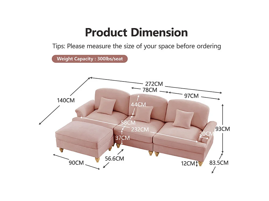 Sofá Cantinho Modular 3 Lugares Chenille - Capa Removível e Puf Móvel - 272x140x93cm - Rosa